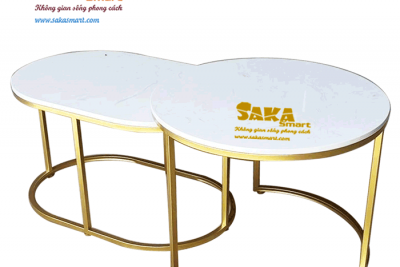 Bàn Trà Sofa Đôi Tròn Ovan Mặt Đá Trắng Vân Mây BSFD T14