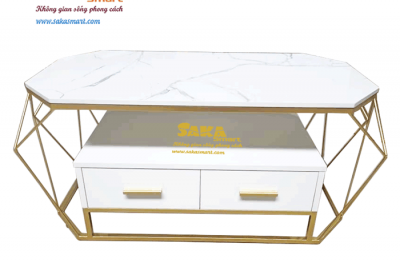 Bàn Trà Sofa Kim Cương Dài Mặt Đá Trắng Vân 3D Tủ Đôi BSF KCT35