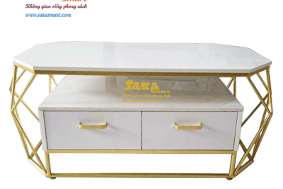 Bàn Trà Sofa Kim Cương Dài Mặt Đá Trắng Vân 3D Tủ Đôi BSF KCT35