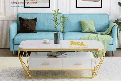 Bàn Trà Sofa Kim Cương Dài Mặt Đá Trắng Vân 3D Tủ Đôi BSF KCT35