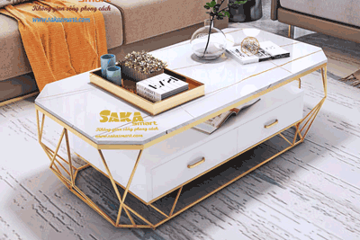 Bàn Trà Sofa Kim Cương Dài Mặt Đá Trắng Vân 3D Tủ Đôi BSF KCT35