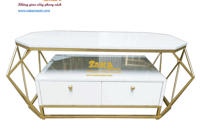 Bàn Trà Sofa Kim Cương Dài Mặt Đá Trắng Vân Mây Tủ Đôi BSF KCT36