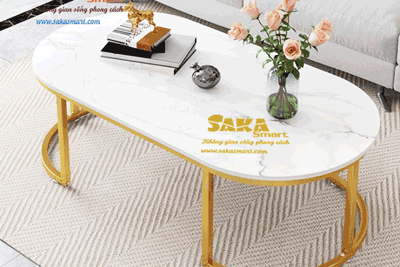 Bàn Trà Sofa Oval Mặt Đá Trắng Đen Vân 3D BSF OV39