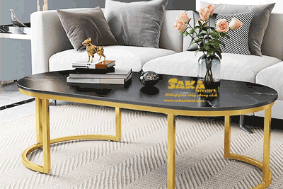 Bàn Trà Sofa Oval Mặt Đá Trắng Đen Vân 3D BSF OV39