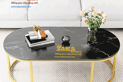 Bàn Trà Sofa Oval Mặt Đá Trắng Đen Vân 3D BSF OV39
