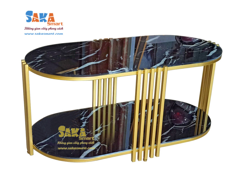 Bàn trà sofa oval 2 tầng mặt kính đen giả đá tia chớp BSF OV6