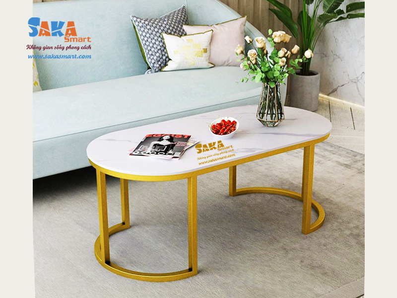 Bàn trà oval mặt đá trắng đen vân 3D OV39