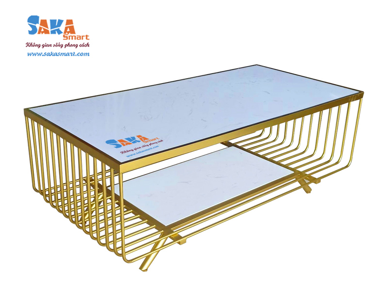 Bàn sofa mặt đá chân sắt 2 tầng chữ nhật