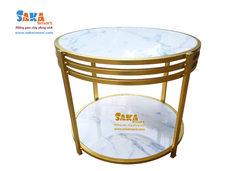 Bàn trà sofa tròn 2 tầng mặt đá trắng vân T25