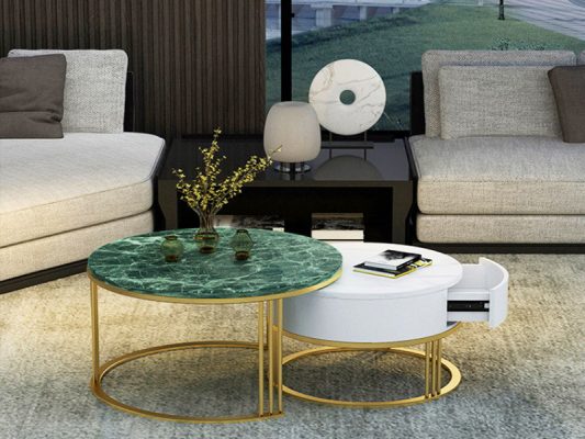 Bàn trà đôi mặt đá cẩm thạch xanh trắng