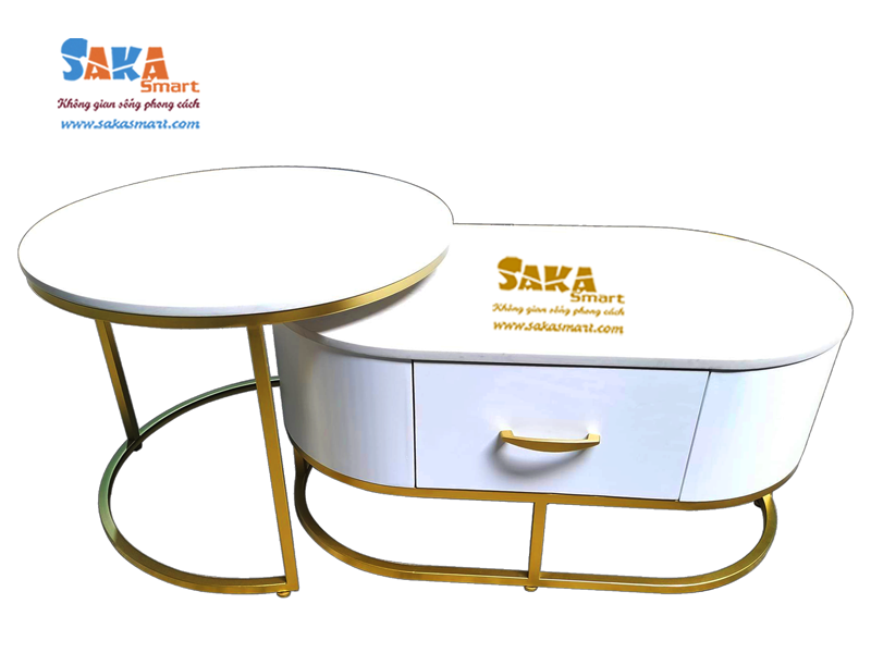 Bàn trà sofa đôi chữ nhật oval mặt đá trắng vân mây TOV20