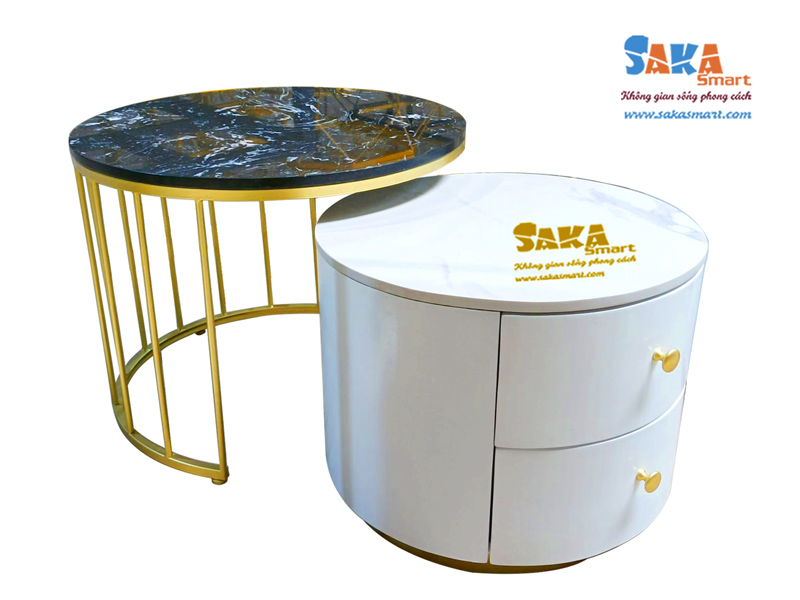 Bàn trà sofa đôi tròn mặt đá trắng và đen vân mây có hộc tủ T22