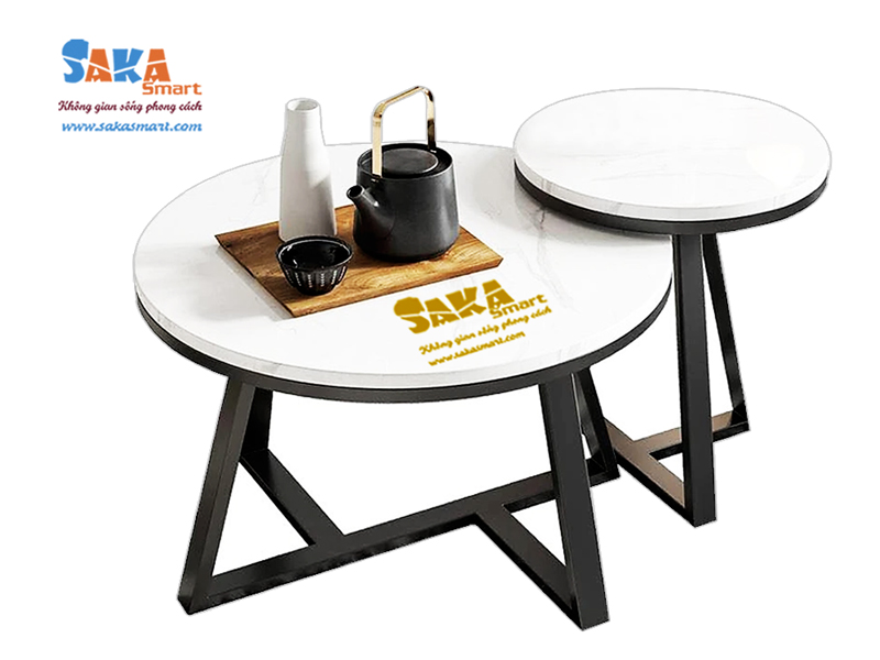 Bàn trà sofa đôi tròn mặt đá trắng vân mây T11
