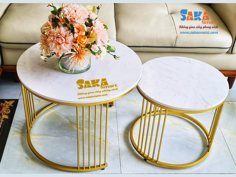 Bàn trà đôi tròn mặt đá trắng vân 3D T8
