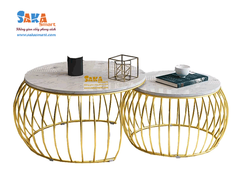 Bàn Bàn trà sofa đôi tròn mặt đá trắng vân mây T13Asofa mặt đá tròn trắng vân mây T13