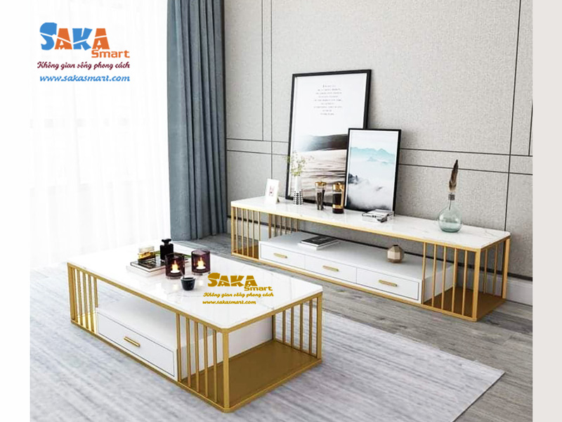 Bàn trà đôi vuông mặt đá trắng vân mây BSFD CN17