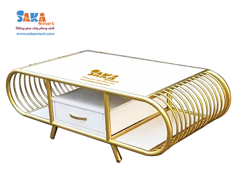 Bàn trà sofa hình oval đứng mặt đá trắng vân mây 2 tầng OVD