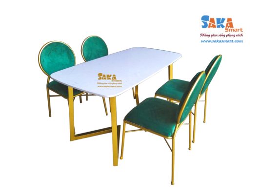 Bàn ăn mặt đá trắng vân mây chân nhũ vàng SK1