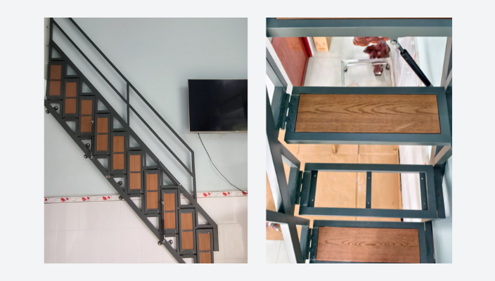 Cận cảnh cầu thang xếp gọn đính tường cho chị Vân