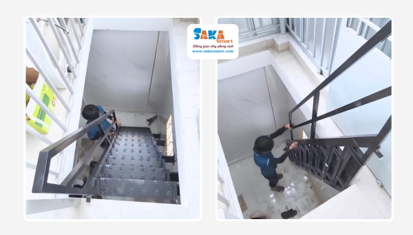 Thang xếp gọn lên sân thượng đóng mở 2 chiều