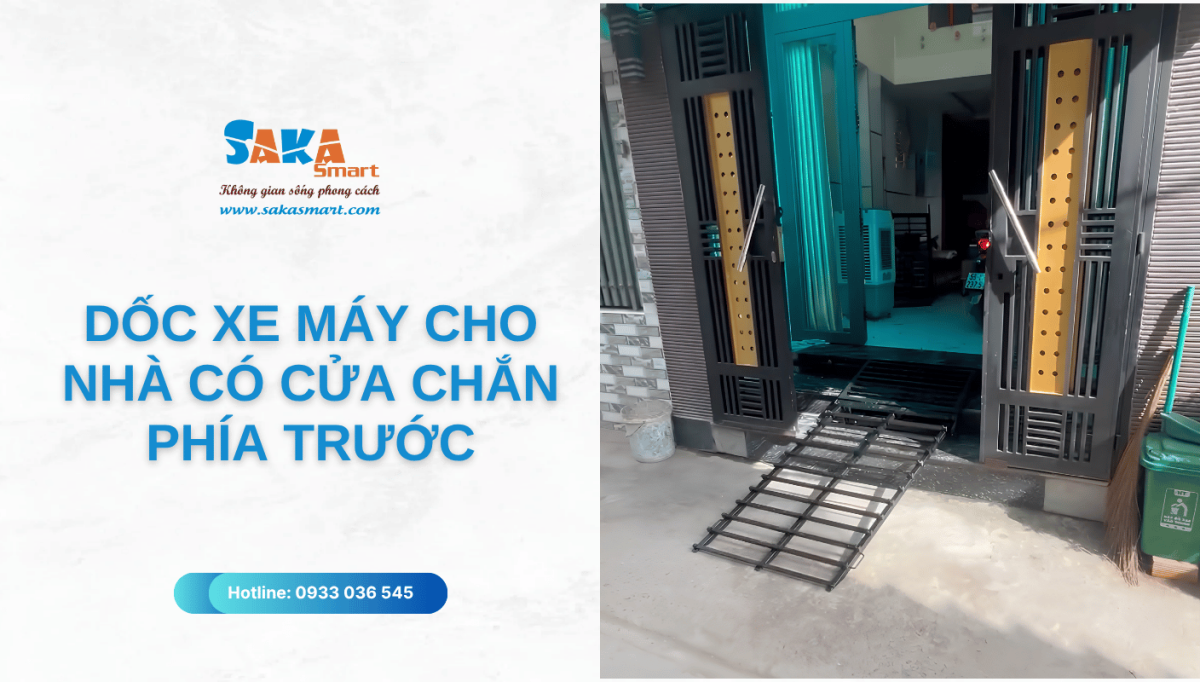 Dốc xe máy cho nhà có cửa chắn phía trước